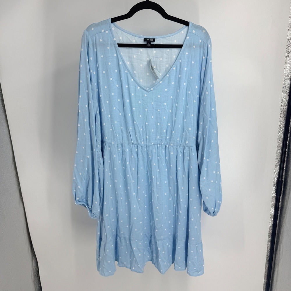 Torrid Light Blue Polka Dot Skater Dress V-Neck Long Sleeve Pockets 4X 26 NEW